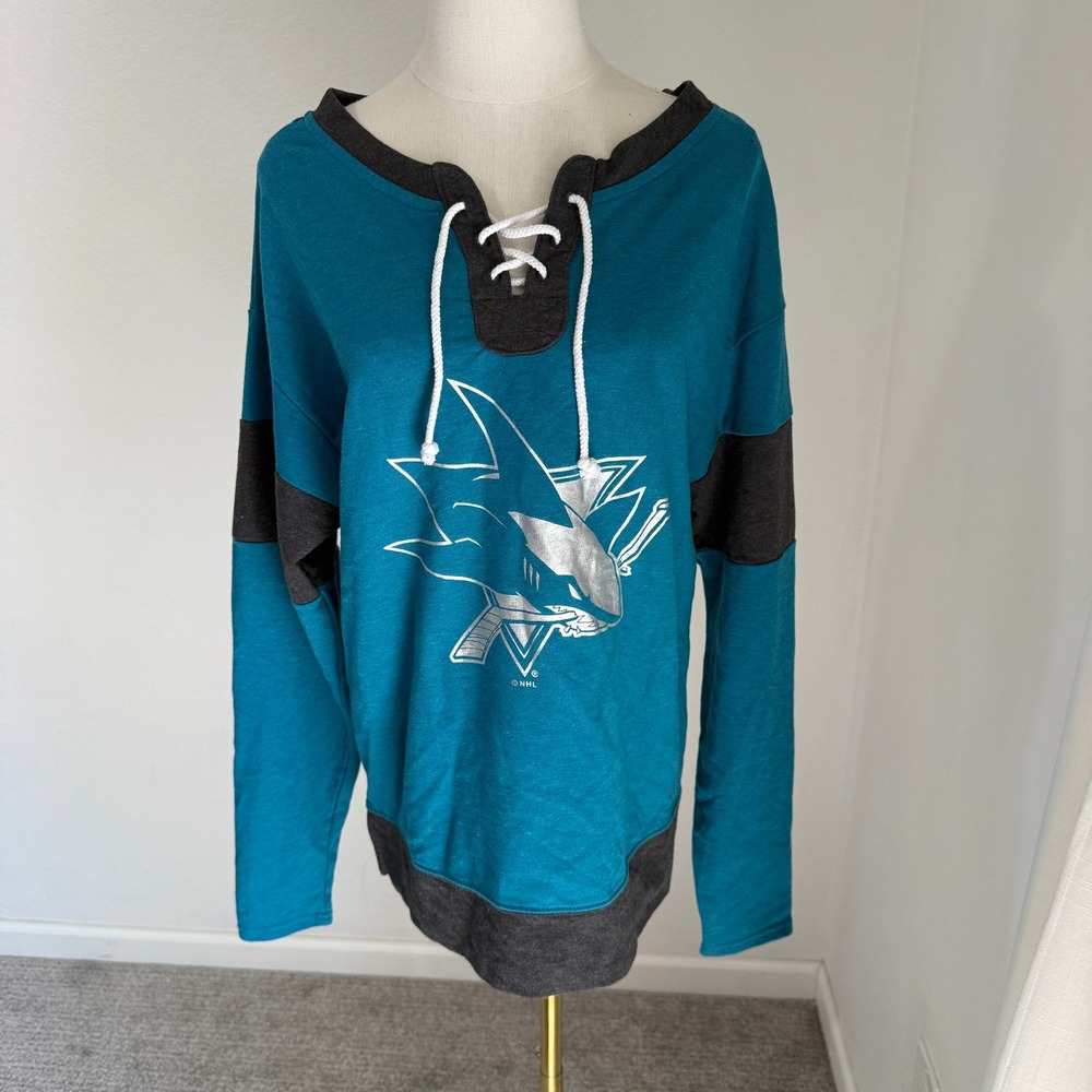 NHL San Jose Sharks Teal Lace Up V-Neck Sweatshirt Womens Medium Comfy Lounge